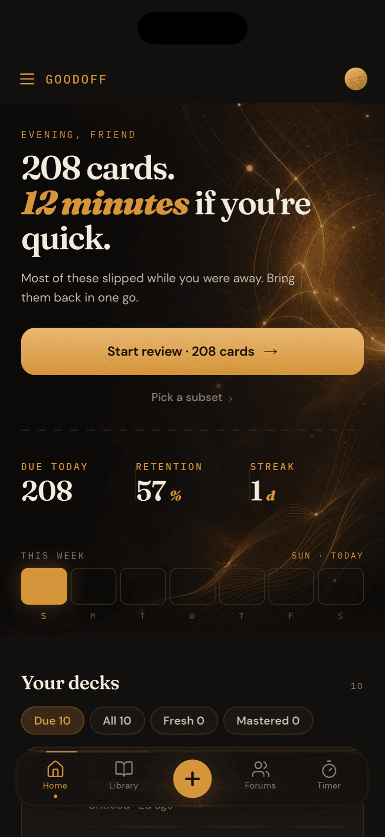 GoodOff app home screen with daily review queue